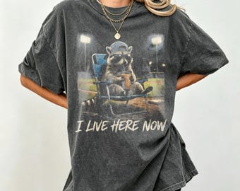 I Live Here Now Baseball Bleacher Raccoon Vintage T-Shirt, Funny Sports Night Raccoon Casual Graphic Tee