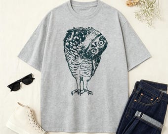Vintage Twisted Spotted Owl Black White Sketch T-Shirt, Retro Woodland Wildlife Bird Casual Tee