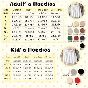 May include: A product image featuring size charts for adult and kid's hoodies. The adult hoodie chart includes measurements in inches and centimeters for length, bust, shoulder, and CB sleeve. Color options are also displayed.