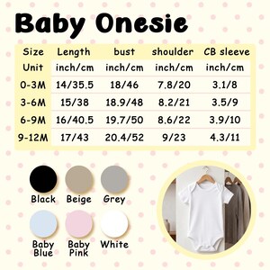 May include: White baby onesie on a hanger, with size and color options. The size chart shows measurements in inches and centimeters for length, bust, shoulder, and CB sleeve. Available colors include black, beige, grey, baby blue, baby pink, and white.