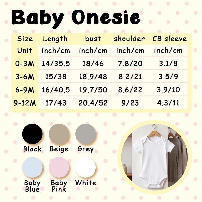 May include: White baby onesie on a hanger, with size and color options. The size chart shows measurements in inches and centimeters for length, bust, shoulder, and CB sleeve. Available colors include black, beige, grey, baby blue, baby pink, and white.