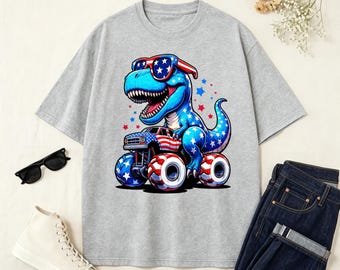 4th Of July Dinosaur Monster Truck T-Shirt, American Flag Star T-Rex Tee, Patriotic Independence Day Shirt, Funny Patriotic Gift Shirt