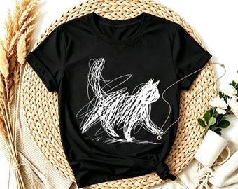 Scribble Sketch Fluffy Cat Art T-Shirt, Abstract Doodle Black Line Kitten Cottagecore Casual Tee, Funny Humor Cat shirt