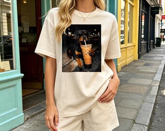 Vintage Cool Rottweiler Iced Coffee Night City T-Shirt, Funny Urban Dog Coffee Lover Casual Tee, Cute Dog Lover Gift