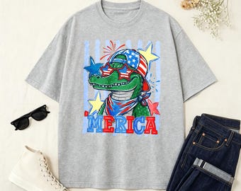 American T-shirt, 4th of July American  Crocodile Tee, Patriotic Alligator Graphic Tee, Funny Patriotic Alligator Shirt