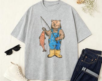 Vintage Fishing Bear In Overalls Trout Catch T-Shirt, Retro Woodland Outdoor Fisherman Cute Tee, Fishing  Father Day Gifts