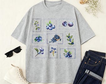 Watercolor Blueberry Stamp Grid Fruit T-Shirt, Vintage Berry Botanical Summer Casual Tee, Summer Fruit Shirt