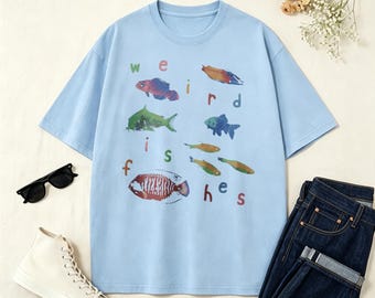 Weird Fishes Hand Drawn Colorful Fish Graphic T-Shirt, Indie Art Abstract Ocean Fish Tee, Summer Casual Shirt