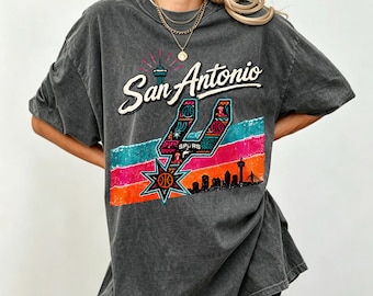 Vintage San Antonio City Skyline Retro Striped Spurs Logo Graphic Western Texas Basketball Tee