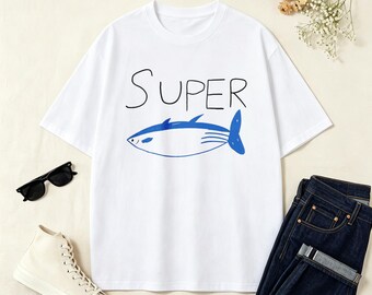 Super Simple Blue Tuna Fish Hand Letter T-Shirt, Minimal Retro Sea Fish Preppy Casual Tee, Summer Beach Shirt