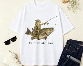 We Fish At Dawn Vintage Frog Riding Largemouth Bass T-Shirt, Cottagecore Funny Retro Fisherman Outdoor Casual Tee, Vintage Dad Day T-shirt