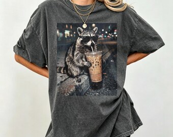 Vintage Cool Raccoon Iced Coffee Night City T-Shirt, Funny Urban Raccoon Coffee Lover Casual Graphic Tee