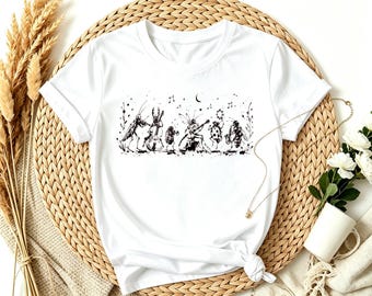Vintage Sketch Bug Band Night Moon Insect Music T-Shirt, Whimsical Bug Playing Instrument Retro Tee