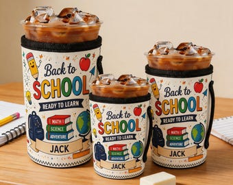 Funda personalizada para vaso de regreso a clases, portavasos de neopreno personalizado, funda para café helado para el primer día de clases, regalo para niños/estudiantes.