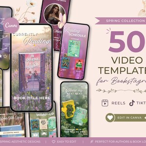 Puede incluir: Una colección de 50 plantillas de video para Bookstagram mostradas en varias pantallas de teléfonos inteligentes. Los gráficos presentan fondos florales, portadas de libros y superposiciones de texto como Spring Collection, Reels, TikTok y Edit in Canva.
