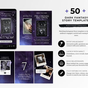 Starlight book launch Instagram templates for authors, Canva editable bookstagram templates with dark night sky aesthetic, gold and silver accents, purple templates, celestial theme, Instagram post story reel templates for book marketing, author social media kit, book promotion content, cover reveal countdown launch day posts, fantasy romance bookstagram templates, indie author branding kit, aesthetic Instagram templates, content creator bundle for authors, social media templates Canva download