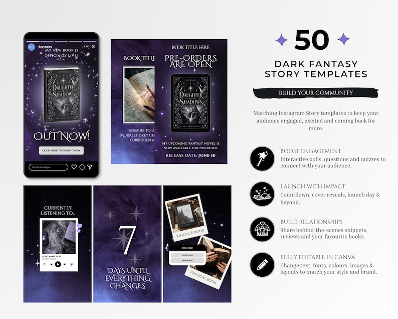 Starlight book launch Instagram templates for authors, Canva editable bookstagram templates with dark night sky aesthetic, gold and silver accents, purple templates, celestial theme, Instagram post story reel templates for book marketing, author social media kit, book promotion content, cover reveal countdown launch day posts, fantasy romance bookstagram templates, indie author branding kit, aesthetic Instagram templates, content creator bundle for authors, social media templates Canva download