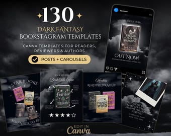 Dark Fantasy Bookstagram-sjablonen, Canva-post- en carrouselontwerpen voor auteurs, boekmarketing en boekenliefhebbers.
