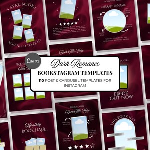 Op de afbeelding: Een verzameling donkerrode Bookstagram-sjablonen met witte tekst en afbeeldingen. De sjablonen bevatten ontwerpen voor boekrecensies, maandelijkse boekinhoud en karakterintroducties. De tekst bevat "Dark Romance" en "110 Post & Carousel Templates for Instagram."