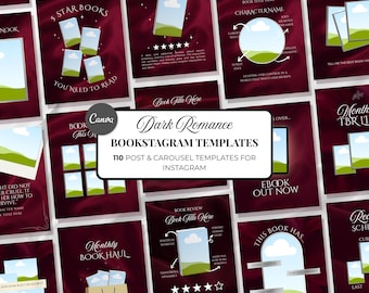 Op de afbeelding: Een verzameling donkerrode Bookstagram-sjablonen met witte tekst en afbeeldingen. De sjablonen bevatten ontwerpen voor boekrecensies, maandelijkse boekinhoud en karakterintroducties. De tekst bevat "Dark Romance" en "110 Post & Carousel Templates for Instagram."