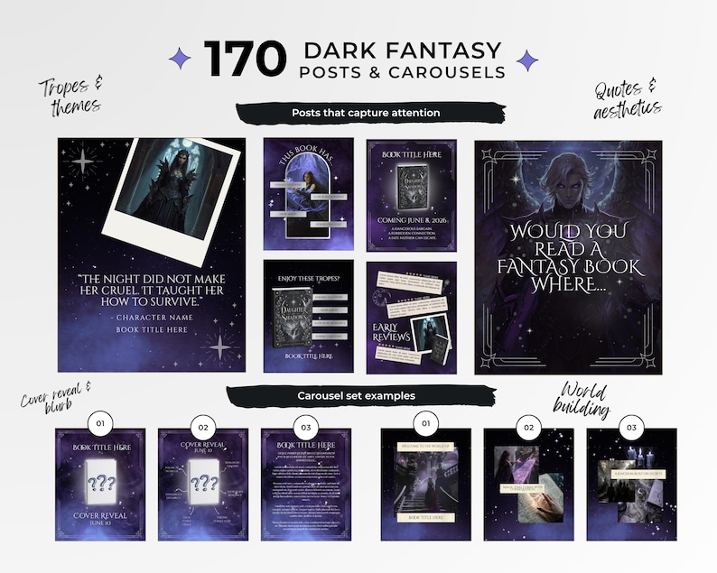 Starlight book launch Instagram templates for authors, Canva editable bookstagram templates with dark night sky aesthetic, gold and silver accents, purple templates, celestial theme, Instagram post story reel templates for book marketing, author social media kit, book promotion content, cover reveal countdown launch day posts, fantasy romance bookstagram templates, indie author branding kit, aesthetic Instagram templates, content creator bundle for authors, social media templates Canva download