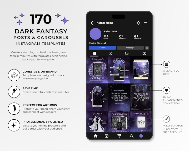 Starlight book launch Instagram templates for authors, Canva editable bookstagram templates with dark night sky aesthetic, gold and silver accents, purple templates, celestial theme, Instagram post story reel templates for book marketing, author social media kit, book promotion content, cover reveal countdown launch day posts, fantasy romance bookstagram templates, indie author branding kit, aesthetic Instagram templates, content creator bundle for authors, social media templates Canva download