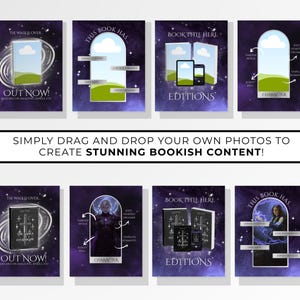 Starlight book launch Instagram templates for authors, Canva editable bookstagram templates with dark night sky aesthetic, gold and silver accents, purple templates, celestial theme, Instagram post story reel templates for book marketing, author social media kit, book promotion content, cover reveal countdown launch day posts, fantasy romance bookstagram templates, indie author branding kit, aesthetic Instagram templates, content creator bundle for authors, social media templates Canva download