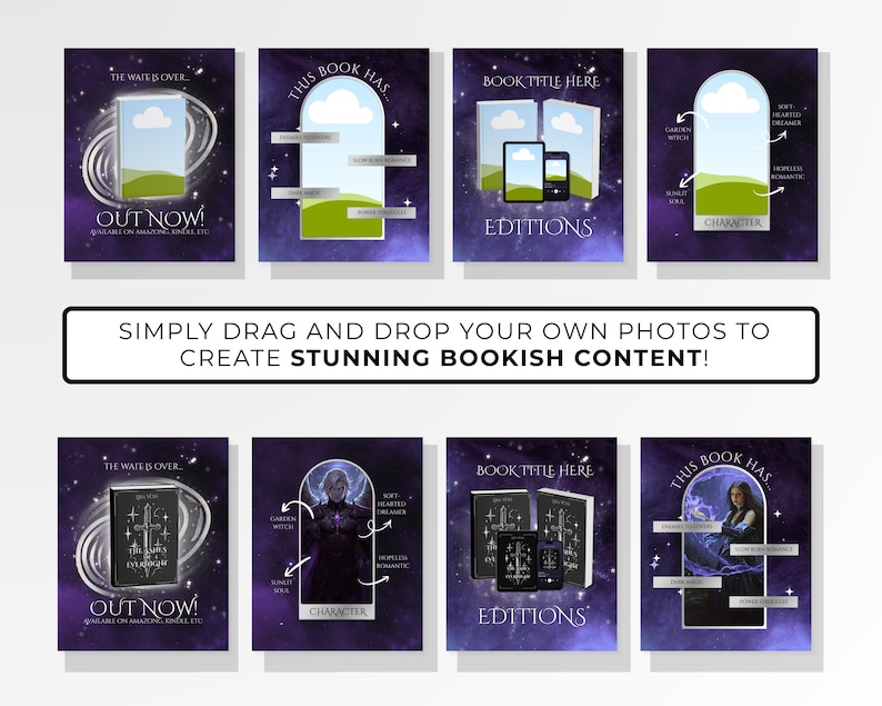 Starlight book launch Instagram templates for authors, Canva editable bookstagram templates with dark night sky aesthetic, gold and silver accents, purple templates, celestial theme, Instagram post story reel templates for book marketing, author social media kit, book promotion content, cover reveal countdown launch day posts, fantasy romance bookstagram templates, indie author branding kit, aesthetic Instagram templates, content creator bundle for authors, social media templates Canva download