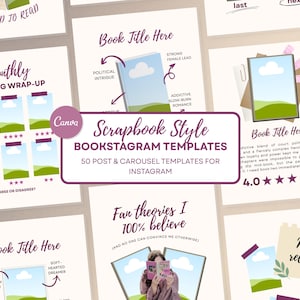 May include: A collection of scrapbook-style Bookstagram templates for Instagram. The templates feature various designs with text overlays such as "Monthly Reading Wrap-Up" and "Book Title Here". The templates are designed by Canva.