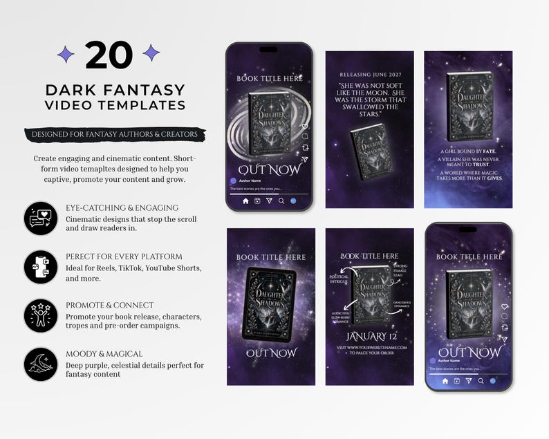 Starlight book launch Instagram templates for authors, Canva editable bookstagram templates with dark night sky aesthetic, gold and silver accents, purple templates, celestial theme, Instagram post story reel templates for book marketing, author social media kit, book promotion content, cover reveal countdown launch day posts, fantasy romance bookstagram templates, indie author branding kit, aesthetic Instagram templates, content creator bundle for authors, social media templates Canva download