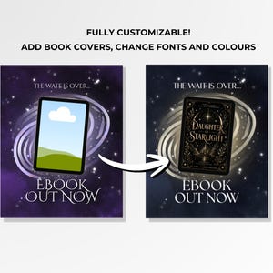 Op de afbeelding: Een digitaal grafisch sjabloon met twee naast elkaar geplaatste e-book promotieposters tegen een sterrenstelsel-achtergrond. De tekst luidt FULLY CUSTOMIZABLE! ADD BOOK COVERS, CHANGE FONTS AND COLOURS, THE WAIT IS OVER... en EBOOK OUT NOW.