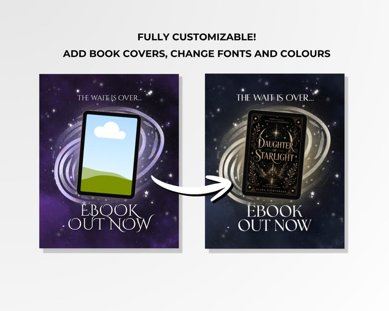 Op de afbeelding: Een digitaal grafisch sjabloon met twee naast elkaar geplaatste e-book promotieposters tegen een sterrenstelsel-achtergrond. De tekst luidt FULLY CUSTOMIZABLE! ADD BOOK COVERS, CHANGE FONTS AND COLOURS, THE WAIT IS OVER... en EBOOK OUT NOW.