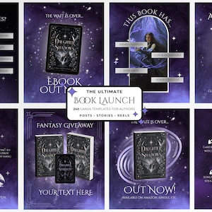 May include: A collection of digital marketing templates for authors featuring the book Daughter of Shadows. The purple-themed graphics include book covers, character profiles, and giveaway layouts with text overlays like The Ultimate Book Launch.