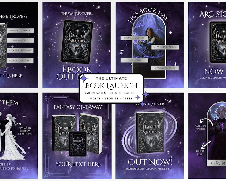 Starlight book launch Instagram templates for authors, Canva editable bookstagram templates with dark night sky aesthetic, gold and silver accents, purple templates, celestial theme, Instagram post story reel templates for book marketing, author social media kit, book promotion content, cover reveal countdown launch day posts, fantasy romance bookstagram templates, indie author branding kit, aesthetic Instagram templates, content creator bundle for authors, social media templates Canva download