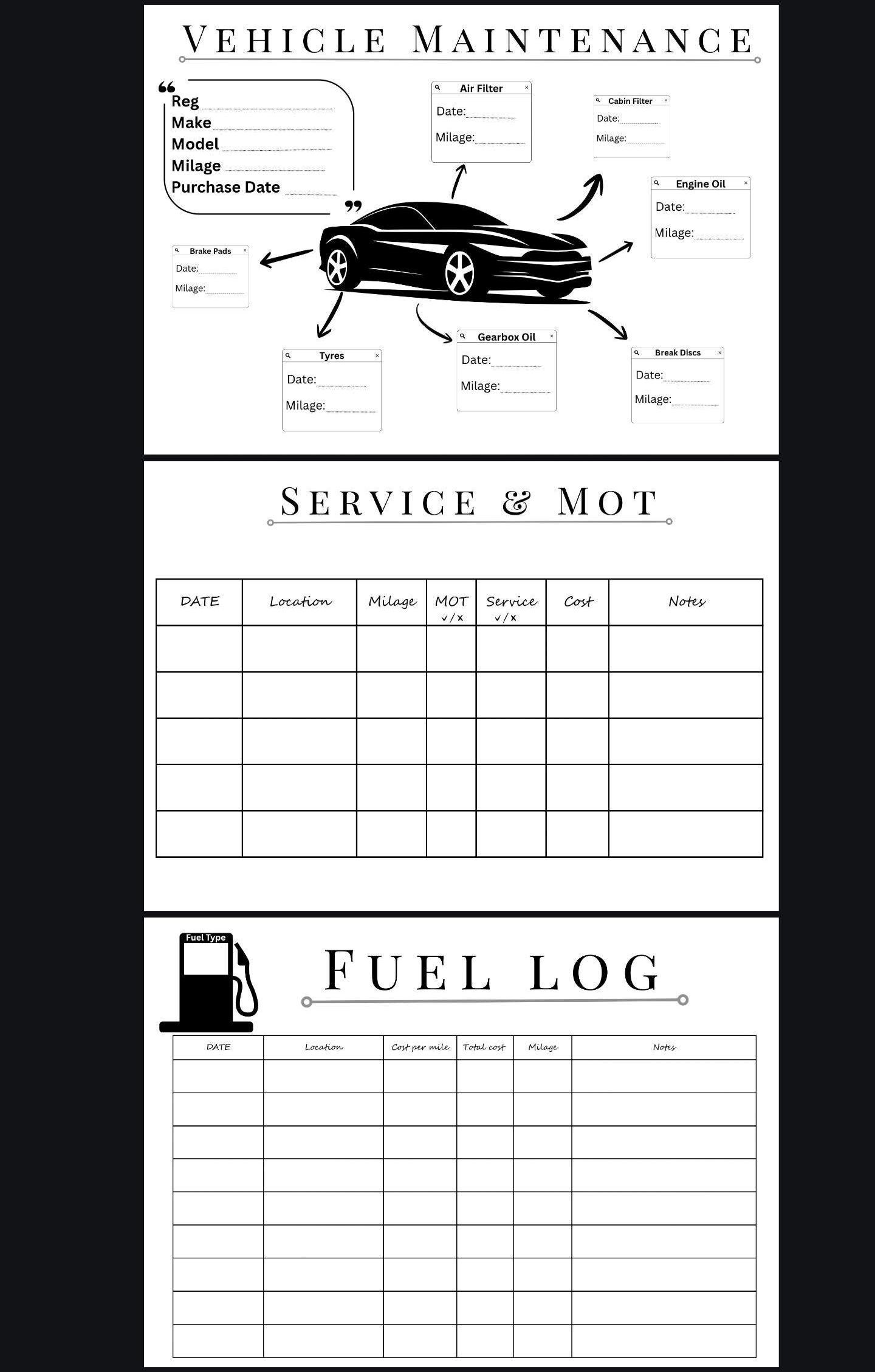 Vehicle Maintenance Tracker Printable | Car Service Log Book | MOT ...