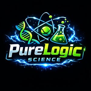 Könnte beinhalten: Logo für "PureLogic Science" auf schwarzem Hintergrund. Das Design zeigt eine DNA-Strähne, ein Atommodell und einen Kolben mit grüner Flüssigkeit. Der Text ist weiß und grün mit blauem Blitzeffekt.