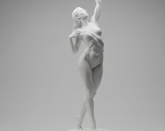 May include: A white matte sculpture of a standing figure with one arm raised upwards and the other arm bent across the chest. The figure is positioned on a circular base and is rendered in a smooth, monochromatic finish with defined musculature.