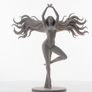 May include: A matte grey sculpture of a figure in a dynamic pose with arms raised above the head and long, flowing hair extending horizontally to both sides. The figure stands on a circular base, captured against a plain white background.