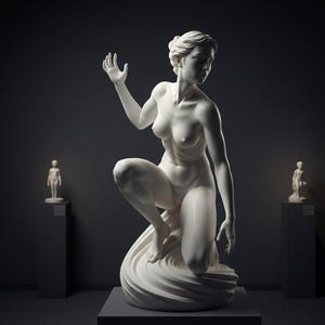 Puede incluir: Una escultura de mármol blanco de una figura arrodillada con un brazo levantado. La escultura está sobre un pedestal, con dos esculturas más pequeñas en el fondo. El fondo es gris oscuro.