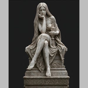 May include: A white marble-style statue of a seated figure with long flowing hair, resting their chin on one hand while holding a small lidded vessel in the other. The figure is draped in fabric and sits upon a rectangular pedestal with a Greek key pattern.