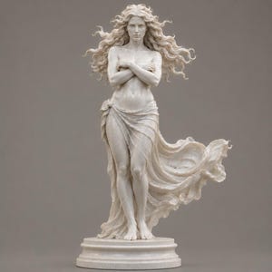 Könnte beinhalten: Eine weiß marmorierte Skulptur einer Figur mit langem, fließendem Haar, die mit vor der Brust verschränkten Armen steht. Die Figur ist in einen leichten, im Wind wehenden Stoff gehüllt, der sich zur Seite erstreckt, auf einem runden Sockel.