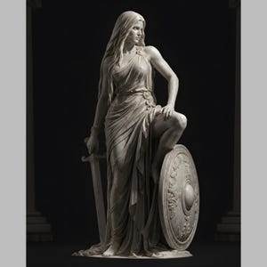 May include: A white marble statue of a standing figure with long flowing hair, wearing a draped garment with circular clasps. The figure holds a sword in one hand and rests one foot on a large, ornate circular shield with intricate carvings.