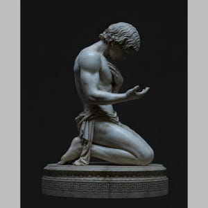 May include: A white marble sculpture of a kneeling figure with wavy hair, positioned in profile. The figure has one hand placed against the chest and the other hand extended forward, palm up. A draped cloth covers the waist, resting on a circular base.