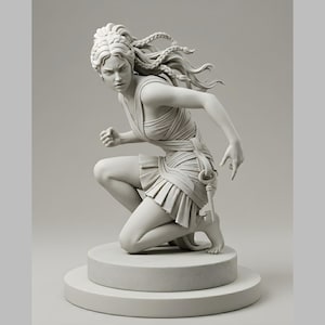 Può includere: Scultura monocromatica di una donna in posa dinamica, inginocchiata su una base circolare. Un braccio è stretto, l'altro teso. Una chiave pende dalla sua vita. I suoi capelli sono acconciati con trecce e ciocche fluenti. Scultura molto dettagliata.