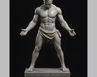 May include: A light gray marble statue of a muscular figure with a braided hairstyle, standing in a wide stance with arms outstretched. The figure wears a draped cloth around the waist and is positioned on a rectangular marble base against a black background.
