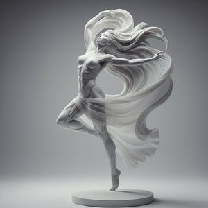 Könnte beinhalten: Eine weiße Skulptur einer tanzenden Figur mit fließendem Haar und Stoff. Die Figur steht auf einem Bein, die Arme ausgestreckt, mit detaillierter Muskulatur. Die Skulptur ist auf einem kreisförmigen Sockel vor grauem Hintergrund montiert.