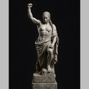 Puede incluir: Una estatua de color piedra de una figura con cabello trenzado, de pie sobre un pedestal. La figura tiene un brazo levantado con el puño cerrado y una rodilla doblada, cubierta con una tela que cubre la parte inferior del cuerpo, sobre fondo negro.