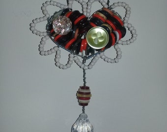 Vintage Button and Bead Heart Ornament/Rainbow Catcher