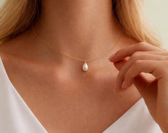 Collar de perlas en forma de lágrima – Delicada cadena dorada para la clavícula – Accesorio de moda minimalista