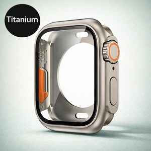 May include: A titanium watch case with a clear screen protector. The case has an orange accent on the side and an orange dial. The word "Titanium" is in a black circle in the upper left corner. The watch case is silver.